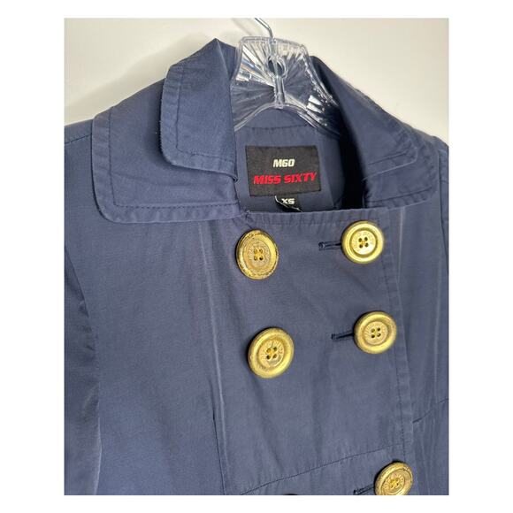 Miss Sixty M60 Navy Trench Jacket Gold Button Military Style pleated back XS - Picture 4 of 13